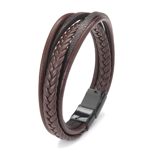 Black Brown Leather Rope Woven Magnet Bracelet